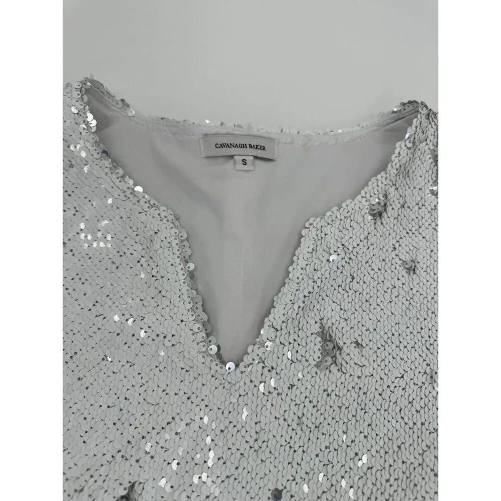 Cavanagh Baker Silver Sequin Short Sleeve V-Neck Mini Dress S - Picture 4 of 14